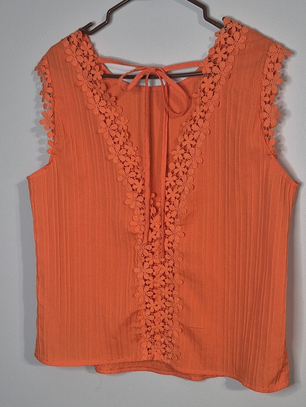 SHEIN Bright Orange Floral Lace-Trim V-Neck Top Size XL